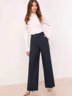 Lipsy Navy Blue Petite Belted Tailored Wide Leg Trousers