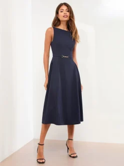 Lipsy Navy Blue Sleeveless Snaffle Trim Midi Skater Dress