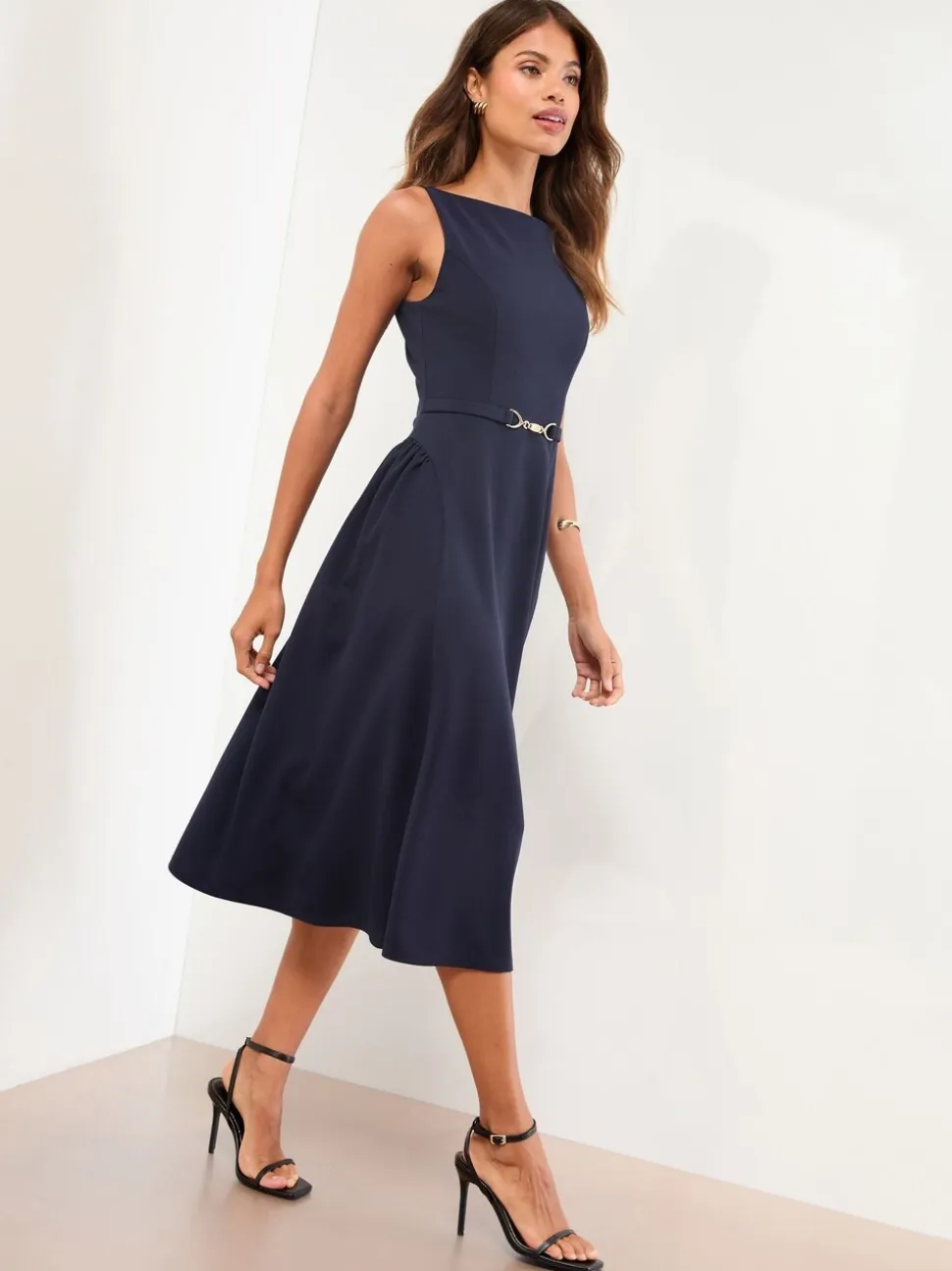 Lipsy Navy Blue Sleeveless Snaffle Trim Midi Skater Dress