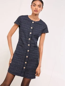 Lipsy Navy Boucle Button Through Short Sleeve Shift Dress