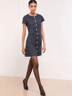 Lipsy Navy Boucle Button Through Short Sleeve Shift Dress
