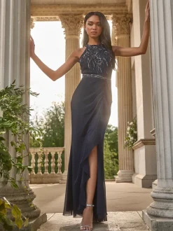 Lipsy Navy Embellished Ruffle Front Halter Wedding Bridesmaid Dress