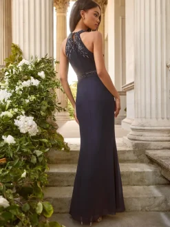 Lipsy Navy Embellished Ruffle Front Halter Wedding Bridesmaid Dress