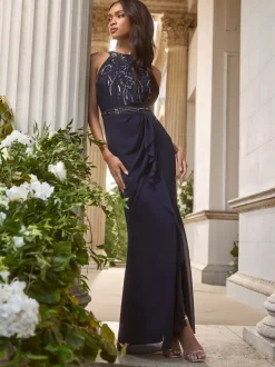 Lipsy Navy Embellished Ruffle Front Halter Wedding Bridesmaid Dress