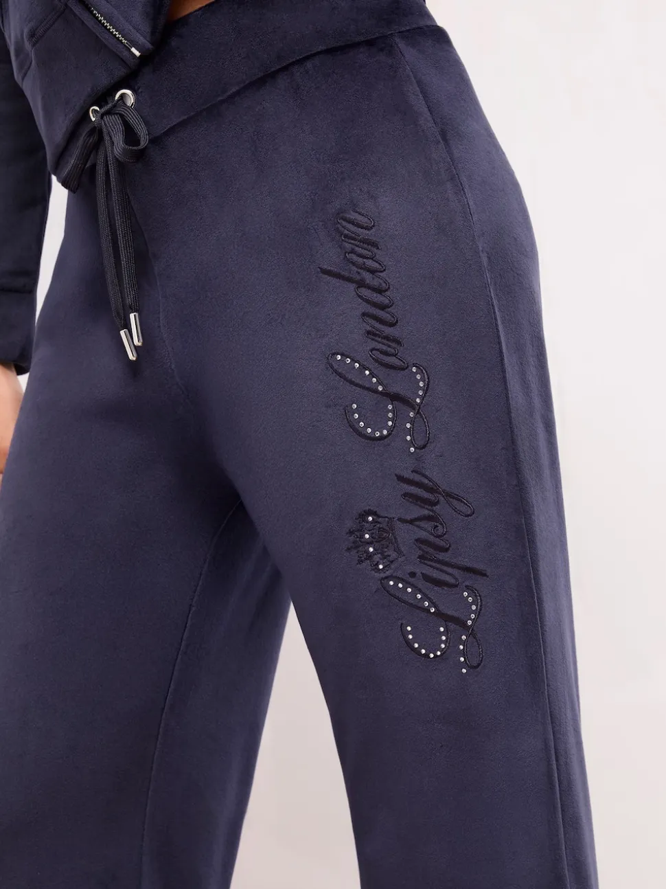 Lipsy Navy Embroidered Velour Relaxed Wide Leg Joggers