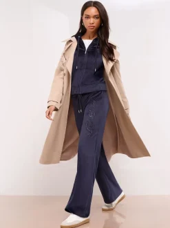 Lipsy Navy Embroidered Velour Relaxed Wide Leg Joggers