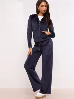 Lipsy Navy Embroidered Velour Relaxed Wide Leg Joggers