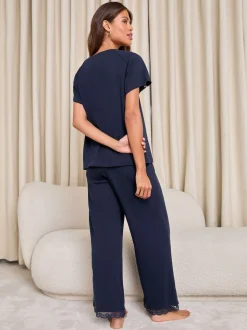 Lipsy Navy Lace Trim Jersey Short Sleeve Trousers Pyjamas Set