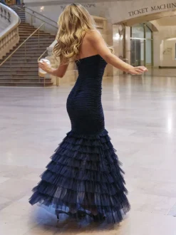 Lipsy Navy Premium Mesh Fishtail Bandeau Maxi Prom Dress