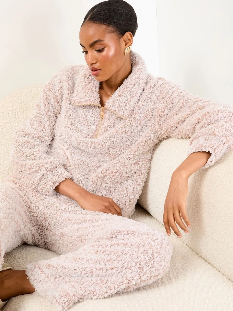 Lipsy Neutral Cosy Half Zip Pyjamas Set