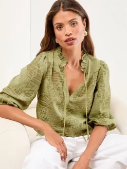 Lipsy Olive Green Burnout 3/4 Sleeve Top