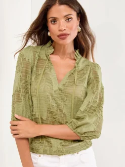 Lipsy Olive Green Burnout 3/4 Sleeve Top
