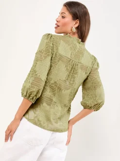 Lipsy Olive Green Burnout 3/4 Sleeve Top