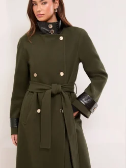Lipsy Olive Green Petite Croc Effect Funnel Neck Belted Longline Coat