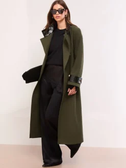 Lipsy Olive Green Petite Croc Effect Funnel Neck Belted Longline Coat