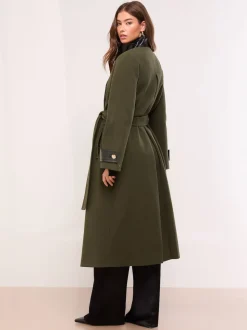 Lipsy Olive Green Petite Croc Effect Funnel Neck Belted Longline Coat