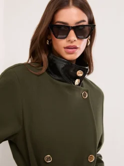 Lipsy Olive Green Petite Croc Effect Funnel Neck Belted Longline Coat