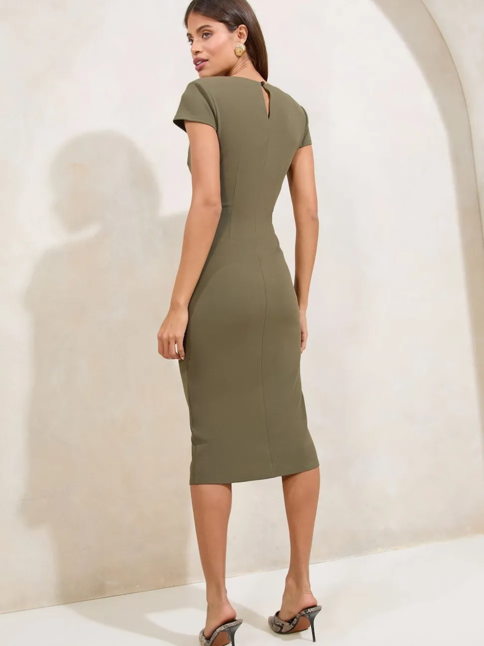 Lipsy Olive Green Short Sleeve Ruched Asymmetric Detail Midi Dress