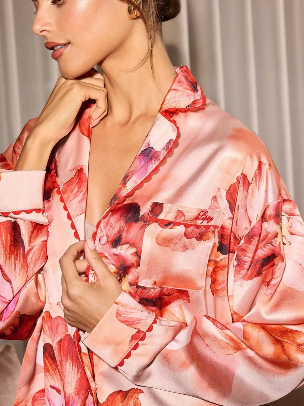 Lipsy Pink Orange Floral Relaxed Long Sleeve Printed Satin Pyjamas Set