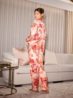 Lipsy Pink Orange Floral Relaxed Long Sleeve Printed Satin Pyjamas Set