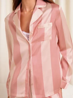 Lipsy Pink Stripe Relaxed Long Sleeve Printed Satin Pyjamas Set