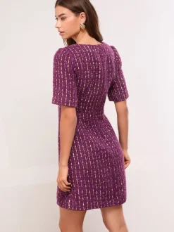 Lipsy Purple Tweed Square Neck Boucle Gold Button Dress