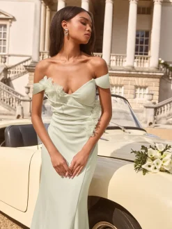 Lipsy Sage Green Bardot 3D Floral Trim Bridesmaid Dress