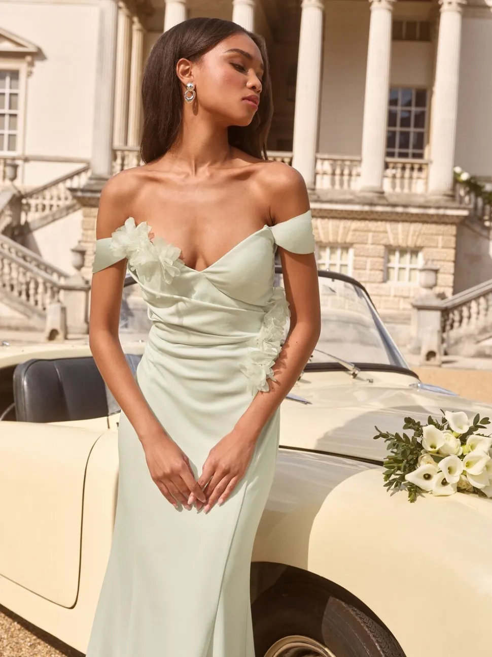 Lipsy Sage Green Bardot 3D Floral Trim Bridesmaid Dress