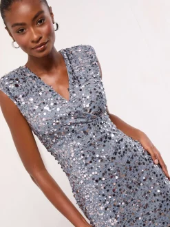Lipsy Silver Sequin V-Neck Sleeveless Bodycon Midi Dress