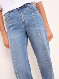 Lipsy Studded Mid Wash Blue Petite Wide Leg Jeans