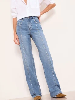 Lipsy Studded Mid Wash Blue Petite Wide Leg Jeans
