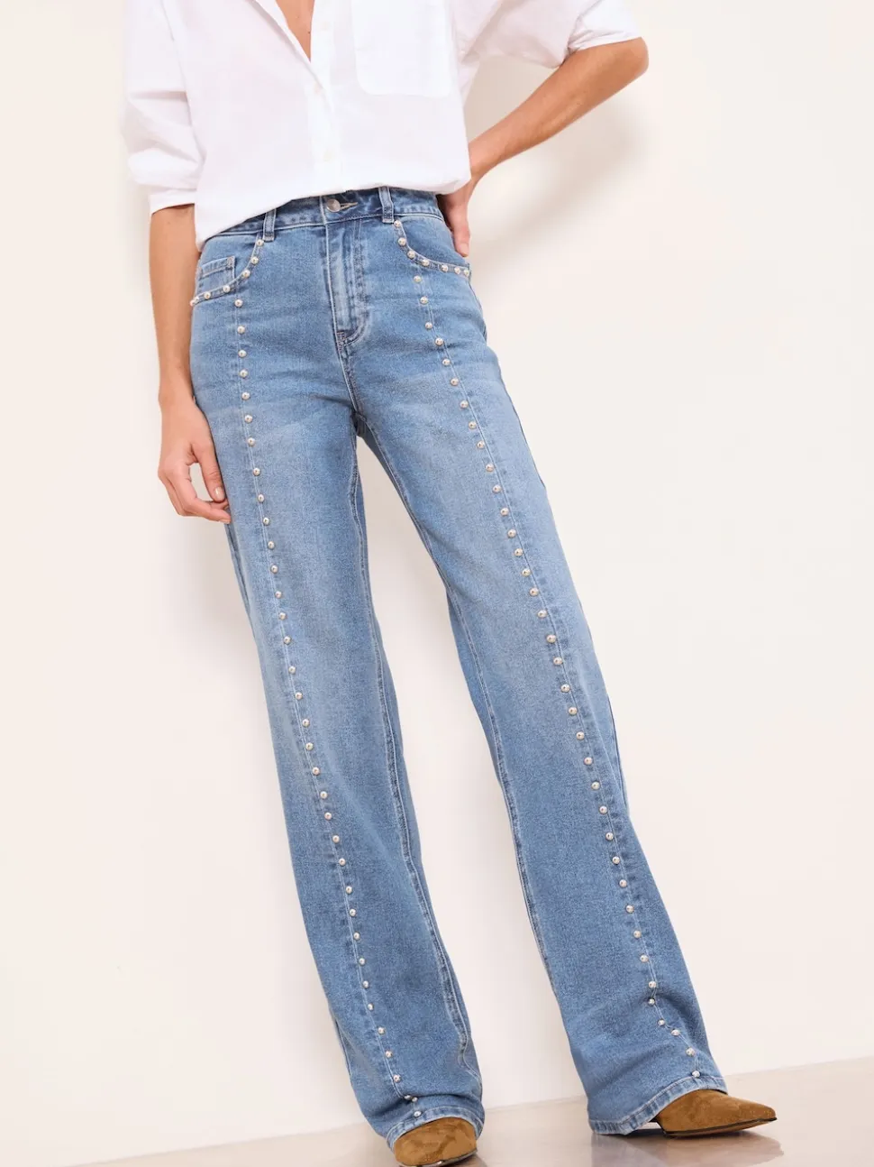 Lipsy Studded Mid Wash Blue Petite Wide Leg Jeans