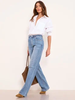 Lipsy Studded Mid Wash Blue Wide Leg Jeans