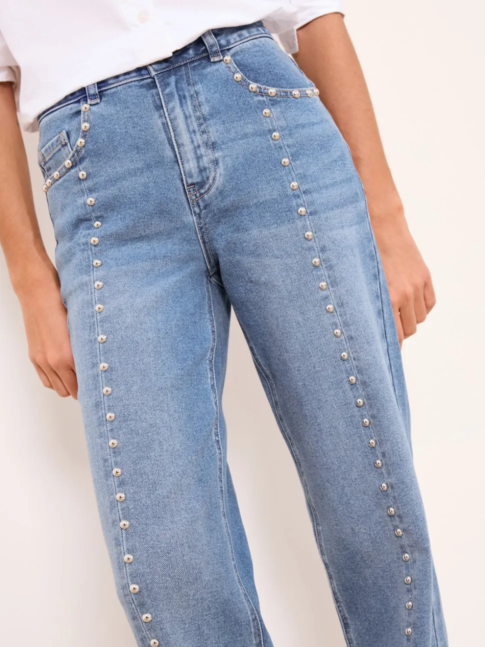 Lipsy Studded Mid Wash Blue Wide Leg Jeans