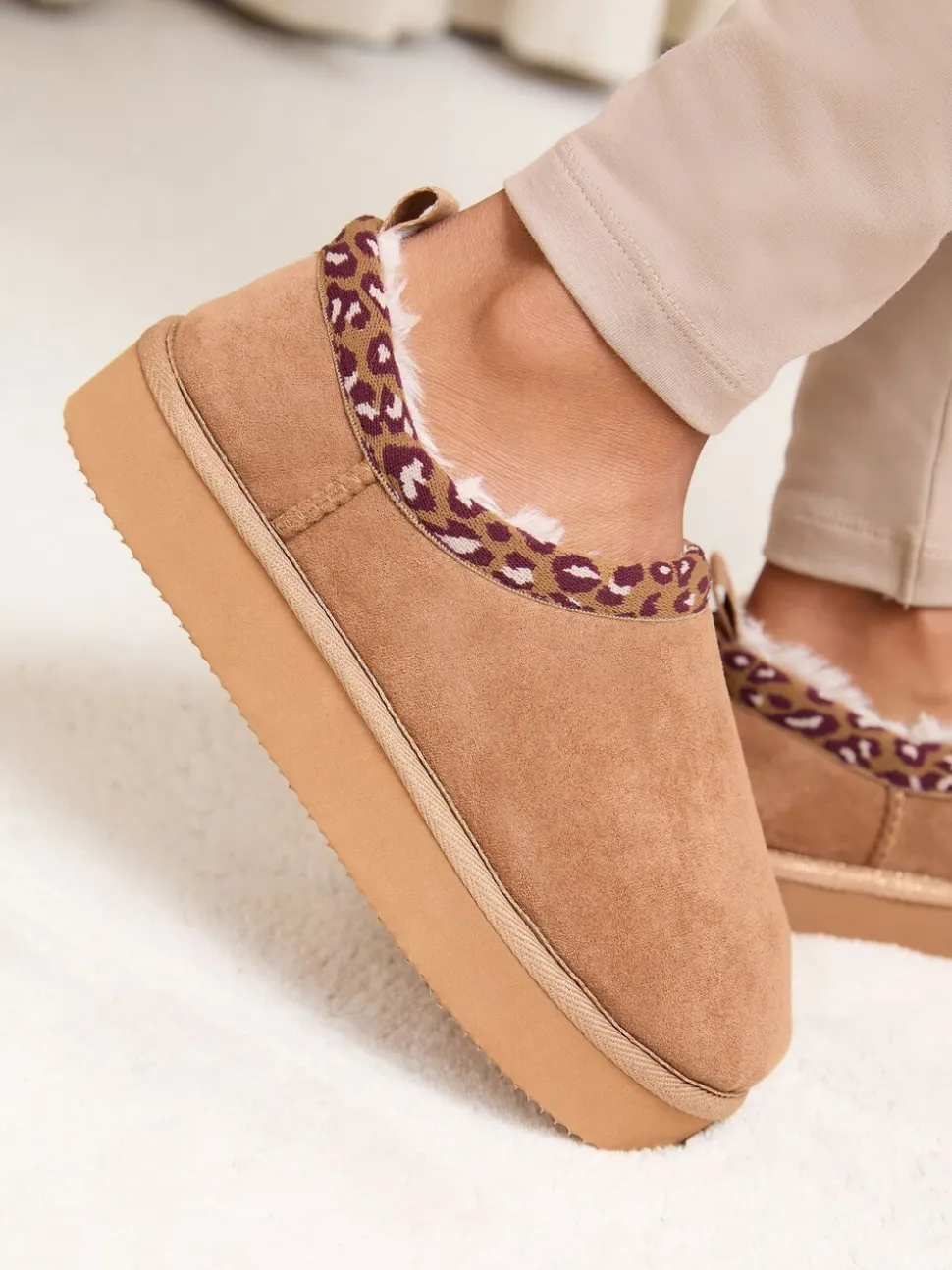 Lipsy Tan Brown Borg Leopard Print Trim Platform Slippers Boots