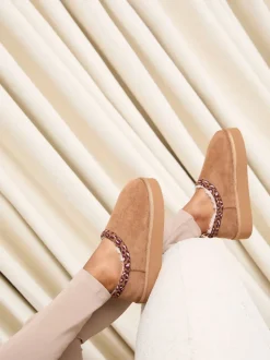 Lipsy Tan Brown Borg Leopard Print Trim Platform Slippers Boots