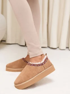 Lipsy Tan Brown Borg Leopard Print Trim Platform Slippers Boots