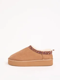 Lipsy Tan Brown Borg Leopard Print Trim Platform Slippers Boots