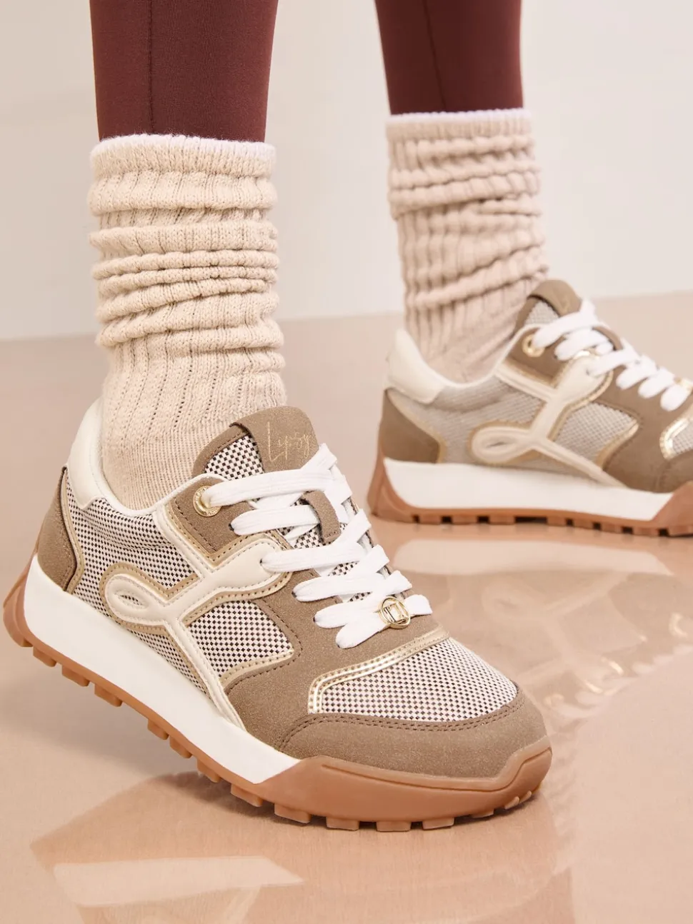 Lipsy Taupe Lace Up Chunky Runner Sports Trainers