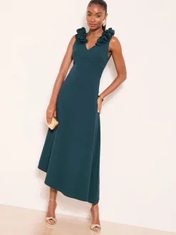 Lipsy Teal Blue Petite Flower Trim V-Neck Skater Dress