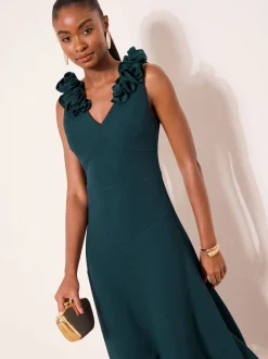 Lipsy Teal Blue Petite Flower Trim V-Neck Skater Dress