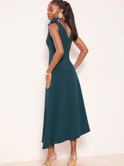 Lipsy Teal Blue Petite Flower Trim V-Neck Skater Dress