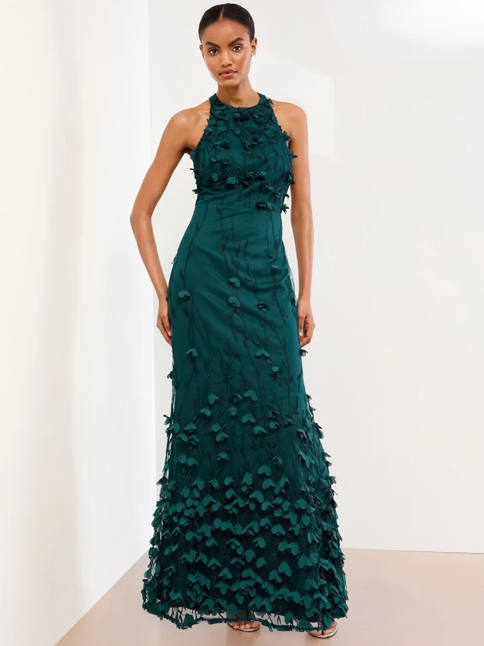 Lipsy Teal Blue Petite Premium Floral 3D Textured Halter Maxi Dress