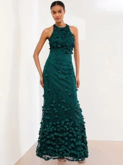 Lipsy Teal Blue Premium Floral 3D Textured Halter Maxi Dress