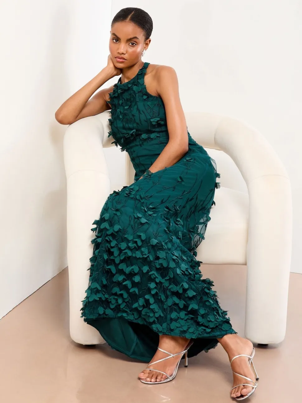 Lipsy Teal Blue Premium Floral 3D Textured Halter Maxi Dress