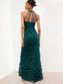 Lipsy Teal Blue Premium Floral 3D Textured Halter Maxi Dress