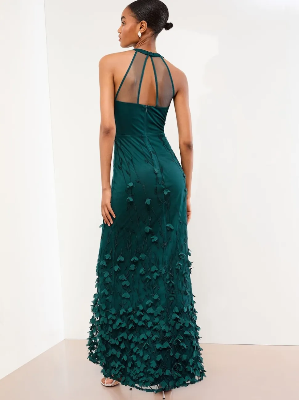 Lipsy Teal Blue Premium Floral 3D Textured Halter Maxi Dress