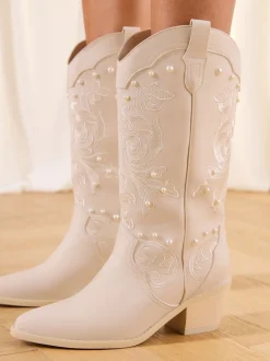 Lipsy White Bridal Pearl Embellished Mid Calf Western Boots