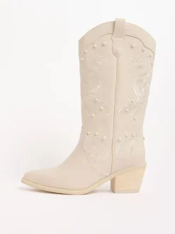 Lipsy White Bridal Pearl Embellished Mid Calf Western Boots