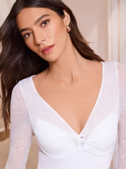 Lipsy White Lace Long Sleeve Padded Thong Bodysuit